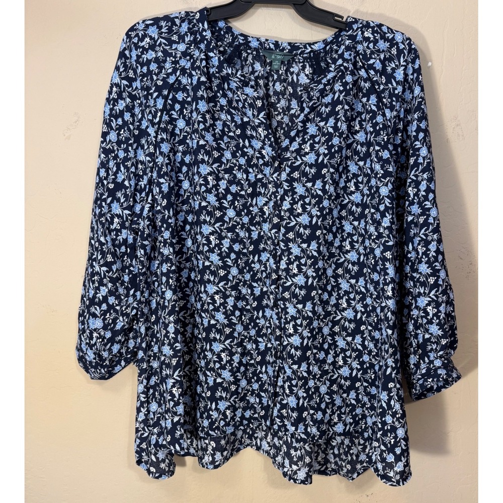 Terra & Sky Blouse Womens 2X Navy Blue Floral Boho Button‎ Up 3/4 Sleeve NEW